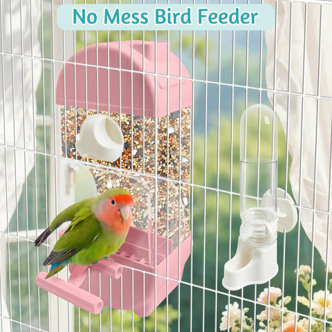No Fuss Automatic Bird Feeder With Spill Proof Bottom Tray Keeps Your Cage Fresh While Dishing Out Crisp Seeds And Clean Water For Parrots Finches Budgies Canaries Sleek Translucent Pink Cage Staple with seed holder and water dispenser.