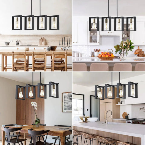 Four Light Wood Chandelier With Black Wood Frame And Gold E26 Socket Industrial Rectangle Linear Pendant Light For Kitchen Island Bar Hallway And Pool Table Height Adjustable Rustic Farmhouse Vibe in various kitchen settings