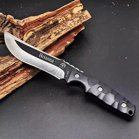 Full Tang Fixed Blade Knife With Two Tone Black And White Blade, Custom Laser Engraving, Nylon Sheath Included, Outdoor Utility.