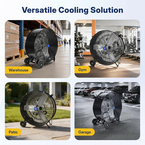 Beast Mode High Velocity 42 Inch Drum Fan in warehouse, gym, patio, garage; 1/2 HP, durable aluminum blades, UL listed.
