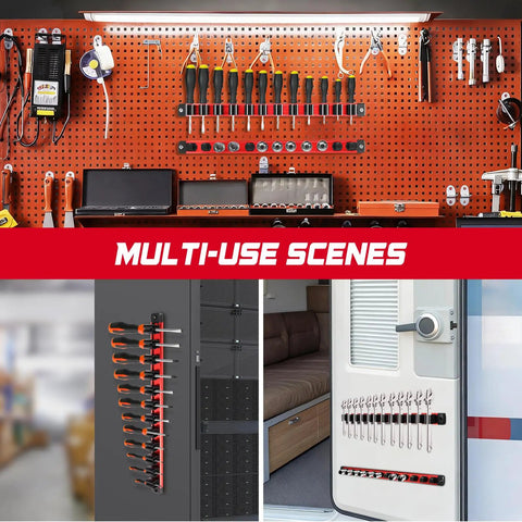 Multi-use scenes with Six Piece Magnetic Socket Organizer And Screwdriver Organizer Set installed on walls and doors.