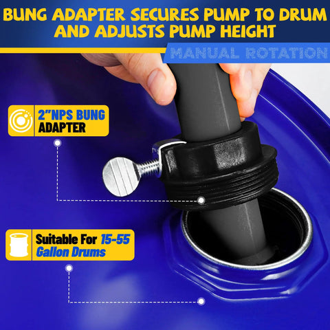 Bung adapter secures Heavy Duty 10 GPM Manual Drum Pump For Fast Liquid Transfer Across 15 To 55 Gallon Tanks to drum.