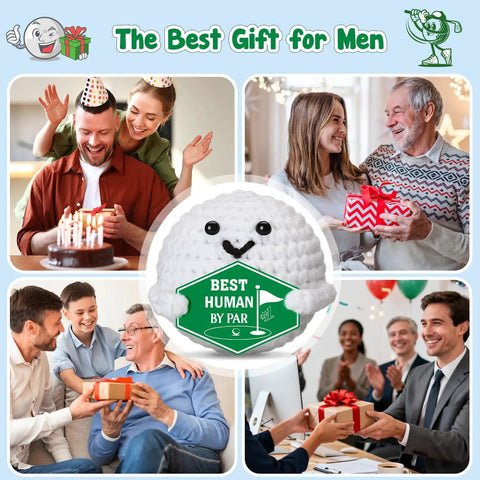 Collage featuring happy people exchanging gifts with a crochet golf ball accessory centerpiece, ideal gift for Dad or Boss celebration.