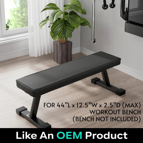 Weight Bench Cover For Tonal Accessories Scratch Resistant Waterproof Protector Keeps Your Home Gym Bench Safe From Scratches And Pets Easy To Clean Fits 44 Inches By 12.5 Inches Benches shown on a bench in a modern home gym setting with plants.