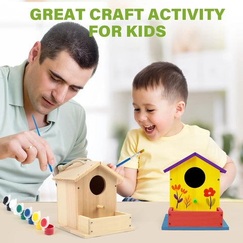 DIY Wooden Bird House Kit For Kids Ages 4 And Up Build And Paint Craft Set With Pre Drilled Pieces Includes Paints And Brushes, Easy To Follow Instructions For Creative Family Fun, father and child painting wooden birdhouses