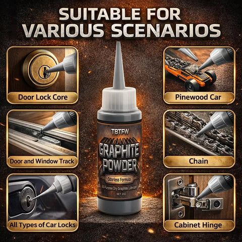 4 Oz Graphite Powder Lubricant For Locks And Hinges, 3000 Mesh High Pure Graphite shown for various uses like locks, hinges, wheels