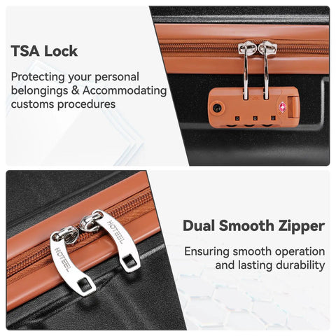 3 Piece Travel Luggage Set With Lightweight Hardshell Suitcases showing TSA lock and dual smooth zipper details
