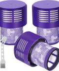 Three Pack Replacement Filters For Dyson V10 Vacuum Cleaners, Upgraded Two In One Design, with cleaning brush, purple filters.
