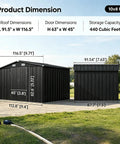 Beefy Heavy-Duty Metal Outdoor Storage Shed With Sloped Roof And Lockable Door For Patio, Lawn And Backyard, Black 10x8 Ft, shown with dimensions and capacity