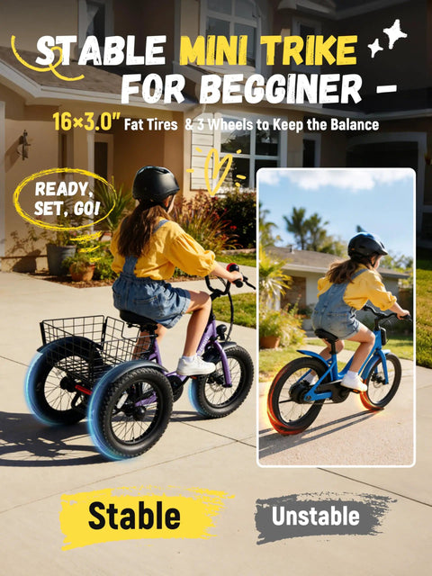 Kid Friendly 3 Wheel Electric Trike With Fat 16x3.0 Tires Folding Frame 378Wh Battery 500W Peak Motor Step Thru Design Safe 12.5 MPH For Beginners Ages 6 Plus Purple, child riding