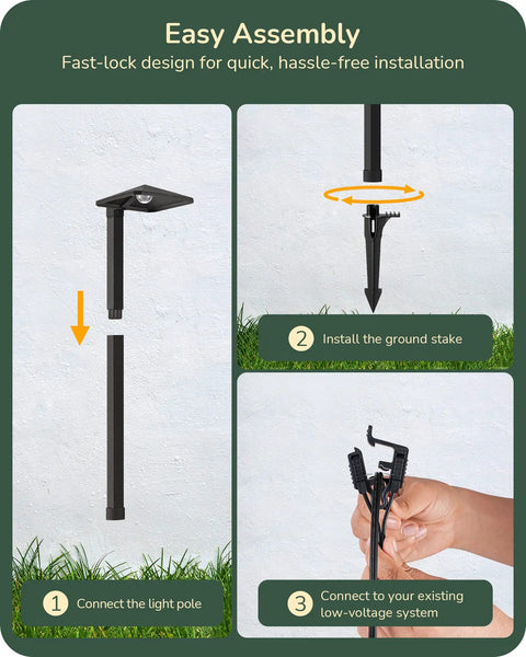 Easy assembly for Low Voltage Pyramid Path Lights Aluminum Exterior Landscape Lighting, showing installation steps and connectors.