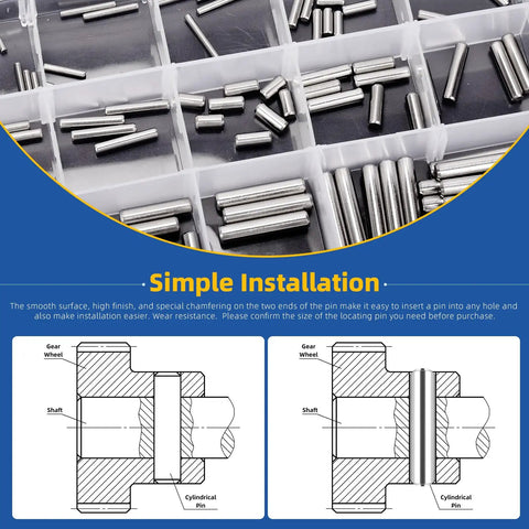 110 Piece Stainless Steel Dowel Pins Kit 2 To 5mm Assorted Diameters And 8 To 30mm Lengths in organizer box with installation guide