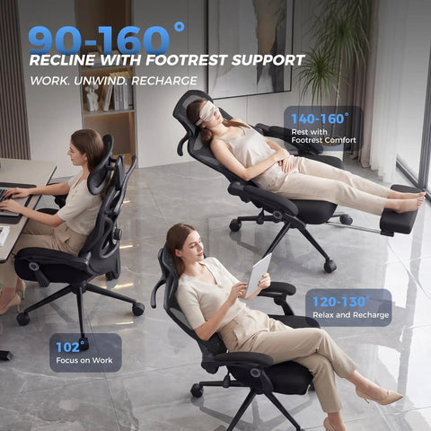 Ergonomic Office Chair With Footrest For Long Workdays And Gaming, Adjustable Lumbar Support And Headrest, mesh back