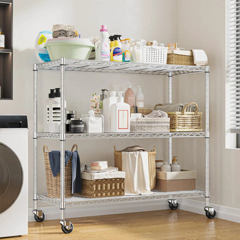 45 Inch Wide 3 Tier Metal Shelving On Wheels Built Tough Beefy Heavy Duty Steel Storage Rack With 450 Lbs Capacity Perfect For Kitchen Garage And Laundry Rust Resistant Mobile Storage Cart in laundry room