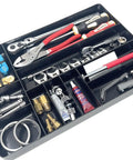10 Compartment Drawer Organizer Tray For Tools Small Parts Batteries And Supplies, Stackable Workbench And Toolbox Organizer, 16 By 11 By 1.5 Inches, Red OT10R Made In The USA filled with tools and accessories