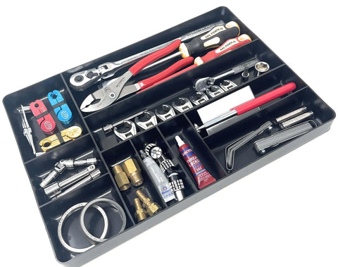10 Compartment Drawer Organizer Tray For Tools Small Parts Batteries And Supplies, Stackable Workbench And Toolbox Organizer, 16 By 11 By 1.5 Inches, Red OT10R Made In The USA filled with tools and accessories
