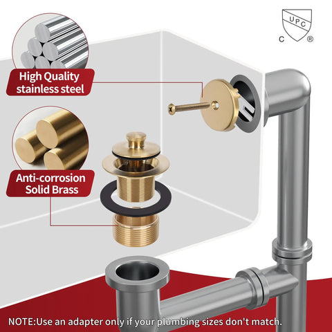 No Sweat Lift Turn Tub Drain Trim Kit With One Hole Overflow Faceplate Brushed Gold components, solid brass drain and stainless steel pipes.