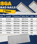 18GA BRAD NAILS size chart showing 7 sizes, including 1 3/4 inch options, for Solid As A Rock 18 Gauge Brad Nails 1 3/4 Inch Head 1000 Piece Box.