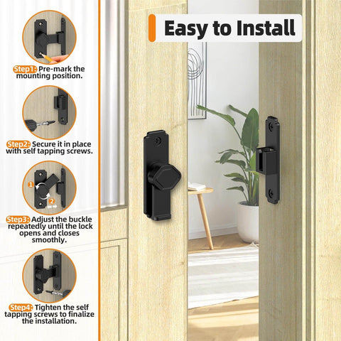 Sturdy 90 Degree Barn Door Lock Aluminum Alloy Security Flip Lock installed on light wood door, includes installation steps.