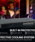 16 Port Gigabit PoE Plus Switch With 220W Budget on table, showing ports, two people discussing network setup, text highlighting cooling system and protections.