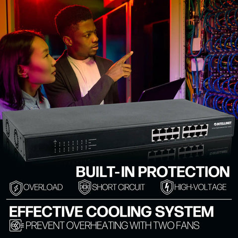 16 Port Gigabit PoE Plus Switch With 220W Budget on table, showing ports, two people discussing network setup, text highlighting cooling system and protections.
