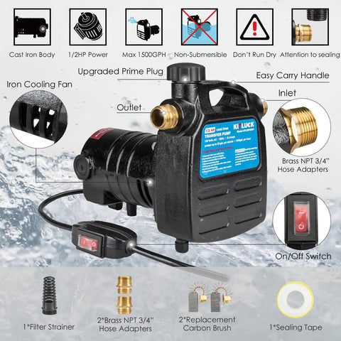 KITLUCK 120V 1/2 HP 1500GPH Cast Iron Portable Electric Water Transfer Pump with ON/OFF Switch and Brass Connectors