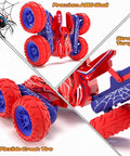 Red and blue Rad Durable Remote Control Car for Kids Ages 4 To 12 with Spider-Man theme and premium ABS shell, 360° Spin RC stunt car