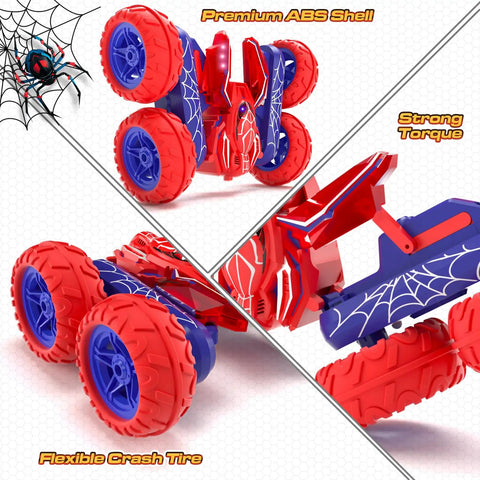 Red and blue Rad Durable Remote Control Car for Kids Ages 4 To 12 with Spider-Man theme and premium ABS shell, 360° Spin RC stunt car