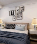 Bedroom with two nightstands featuring Drum Style Fabric Lamp Shades For Table And Floor Lamps With Spider Fitter Dope Natural Linen Handcrafted.