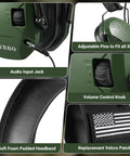 Range Ready 23dB Shooting Earmuffs With Gel Ear Pads, featuring audio input, volume knob, and adjustable headband, green.