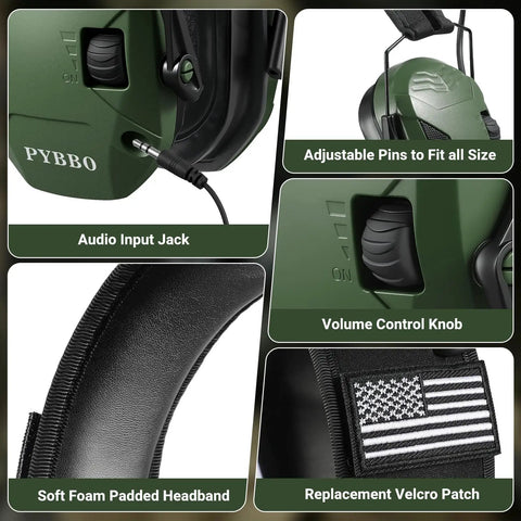 Range Ready 23dB Shooting Earmuffs With Gel Ear Pads, featuring audio input, volume knob, and adjustable headband, green.