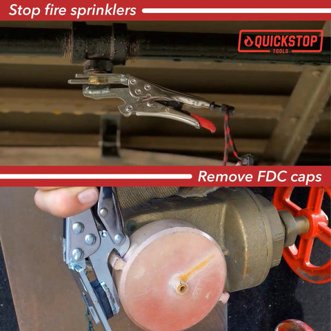 The Top Shelf Game Changer Fire Sprinkler Shutoff Multi Tool Stops Accidental Water Damage And Yanks FDC Caps Quick For Upright Pendant Sidewall And Recessed Heads In Buildings in action, gripping valves.