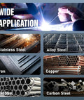 Image showing wide application of welding on stainless steel, alloy steel, iron, copper, mild steel, and carbon steel materials.