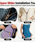 Smooth Operator Three Prong Zipper Jig Sewing Tool For Size 3 And 5 Fasteners, shown with jackets, bags, jeans, and dresses.