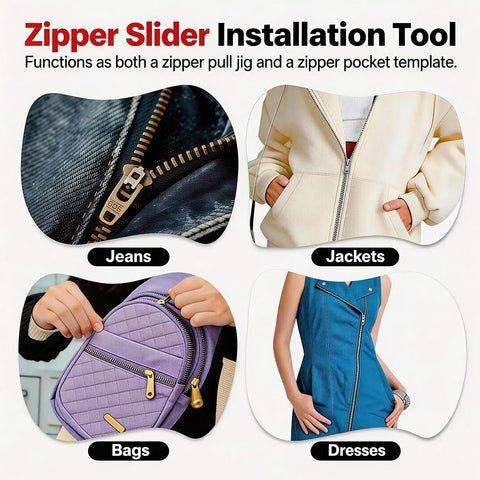 Smooth Operator Three Prong Zipper Jig Sewing Tool For Size 3 And 5 Fasteners, shown with jackets, bags, jeans, and dresses.