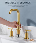 Installation of Brushed Gold Bathroom Sink Faucet, 8 Inch Widespread, 3 Hole, Two Handles, 360 Degree Swivel Spout