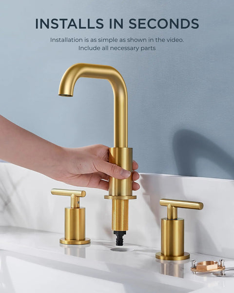 Installation of Brushed Gold Bathroom Sink Faucet, 8 Inch Widespread, 3 Hole, Two Handles, 360 Degree Swivel Spout