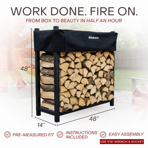 Built Tough Indoor Outdoor Firewood Rack Set, Heavy Duty Steel Log Storage Holder With Seasoning Cover, Four Foot By Four Foot