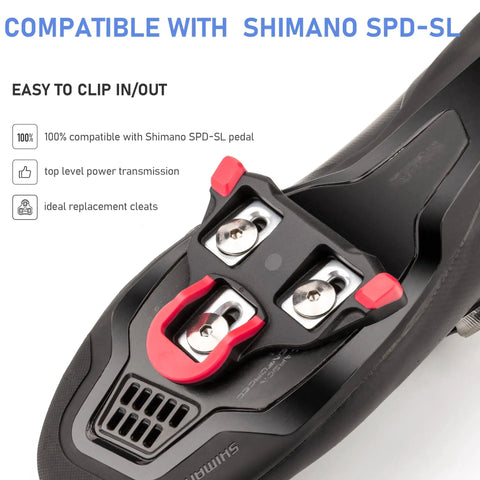 Cleats Compatible With SPD SL 0 Degree Float Adjustable For Rock Solid Stability showcased on road cycling shoe.