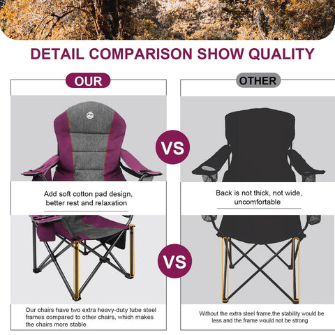 Comparison of Oversized Portable Camping Chair With Cup Holder And Cooler Bag Full Padding Lumbar Support And Head Pocket Heavy Duty Folding Lawn Chair 350 Pounds Capacity Purple versus a standard black chair.