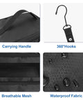 Close-up details of Hangable Travel Luggage Organizer for Carry On Collapsible Hanging Packing Cubes with four compartments.