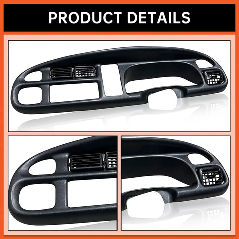 Black plastic dash bezel cover for 1998–2002 Dodge Ram dashboard cluster with vents (front view)