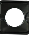 Heavy Duty 7.75 Inch Black Porcelain Square Gas Range Drip Pan, single pan, showing center opening and glossy finish