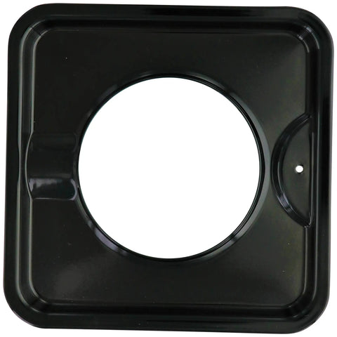 Heavy Duty 7.75 Inch Black Porcelain Square Gas Range Drip Pan, single pan, showing center opening and glossy finish