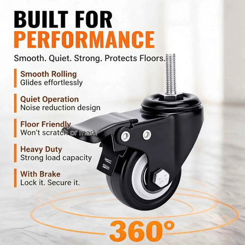 No Roll Guaranteed Dual Lock Caster Wheels 2 Inch Heavy Duty Swivel Casters Set Of 4 M8 Threaded Stem Mount close-up with brake.