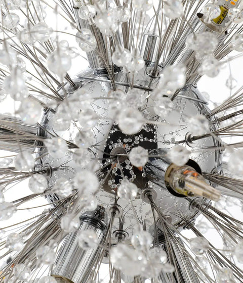 Close-up of Dope Modern Crystal Firework Chandelier With 12 Lights In Chrome Stainless Steel Sputnik Style Dandelion Pendant Ceiling Light Fixture