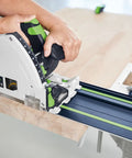 100 Year Limited Edition Guide Rail 55 Inch Track Saw Rail For TSC 55 TS 55 TS 75 in use on wooden board, close-up view