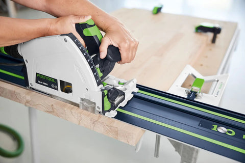 100 Year Limited Edition Guide Rail 55 Inch Track Saw Rail For TSC 55 TS 55 TS 75 in use on wooden board, close-up view