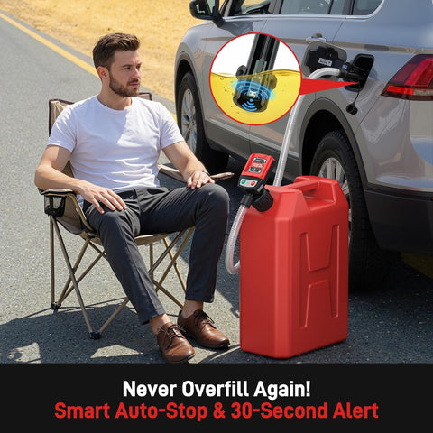 Man using Automatic Portable Fuel Transfer Pump With Auto Stop And 30 Second Alert No Spill Fast 3.8 GPM Electric Gas Can Pump That Runs On Battery Or USB Includes Four Adapters And 51 Inch Hose For Gasoline Diesel And Oil, shown refueling car with red gas can on roadside.