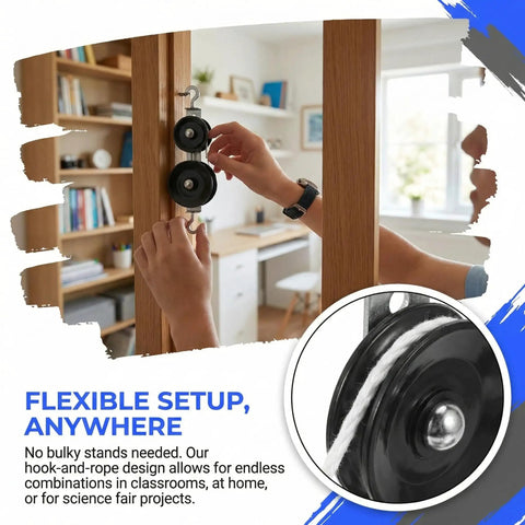 Hands On Ten Piece Mechanics Pulley Block Set With Heavy Duty Metal Fixed And Movable Pulleys Ropes Hooks Transparent Storage Case STEM Physics Lab Kit For Teaching Simple Machines In Classrooms Or Home Labs. pulley setup on wood frame